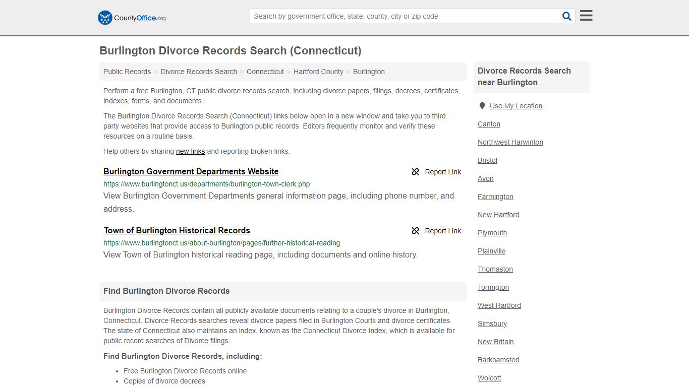Burlington Divorce Records Search (Connecticut) - County Office