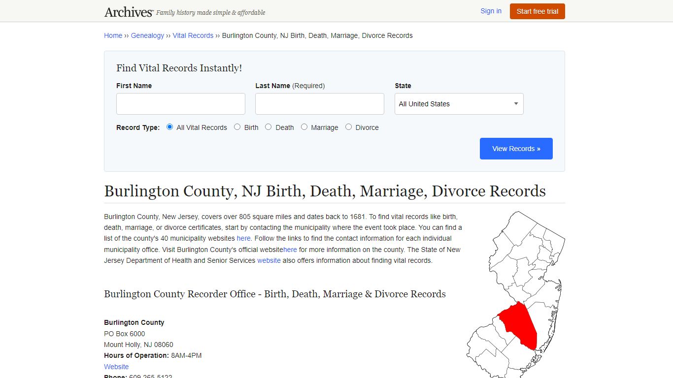 Burlington County, NJ Birth, Death, Marriage, Divorce Records